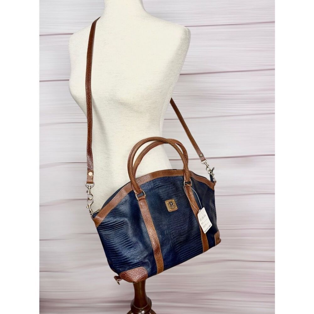 Roberto Roma Leather Satchel Bag Blue Brown Textured Crossbody Top Handle Vng
